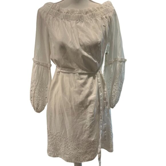 Anthropologie White Cotton Eyelet Lantern Sleeve Off-Shoulder Boho Dress Sz 12 - Picture 6 of 16